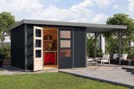 Holz Gartenhaus Anbaudach anthrazit/graualuminium – langlebiges Trapezblechdach, robuste Metallkanten, nordische Fichte, wettergeschützt 2,98×2,42 m