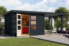 Holz Gartenhaus Anbaudach mit wetterfestem Pultdach, anthrazit, robuster metallverstärkte-Ecken, Doppelflügeltür mit Zylinderschloss, 2,98 × 2,42 m