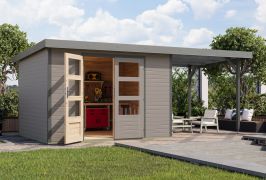 Holz Gartenhaus Anbaudach mit Pultdach, wassergrau/graualuminium, metallverstärkte-Ecken, Fichte, Trapezblechdach, Doppelflügeltür, 2,98 × 2,42 m