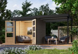 Holz Gartenhaus Anbaudach robust in terragrau/anthrazit, nordische Fichte, Doppelflügeltür mit Schloss, wasserabweisendes Trapezblechdach, 4,45 m²