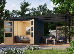Holz Gartenhaus Anbaudach aus nordischer Fichte, anthrazit, Trapezblechdach, stabile metallverstärkte-Ecken, Doppelflügeltür, Grundfläche 4,45 m²