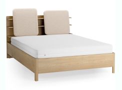 Doppelbett | 160 x 200 cm | Farbe: Eiche / Beige | gepolsterte Kopfstütze | vier offene Regale | Behälter hinter Rückenlehne | inkl. Lattenrost