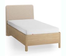 Einzelbett | Farbe: Eiche / Beige | Eiche massiv | weich gepolsterte Kopfstütze | 90 x 200 cm | Gästebett | inkl. Lift up Lattenrost | dezent abgerundete Form