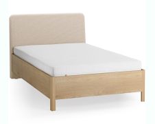 Einzelbett | Eiche massiv | Farbe: Eiche / Beige |  weich gepolsterte Kopfstütze | 90 x 200 cm | dezent abgerundete Form | Gästebett | inkl. Lattenrost
