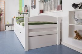 Einzelbett / Ausziehbett "Easy Premium Line" K1/h/s inkl. 2. Liegeplatz und 2 Abdeckblenden, 90 x 200 cm Buche Vollholz massiv weiß lackiert