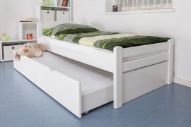 Einzelbett / Ausziehbett "Easy Premium Line" K1/2h inkl. 2. Liegeplatz und 2 Abdeckblenden, 90 x 200 cm Buche Vollholz massiv weiß lackiert
