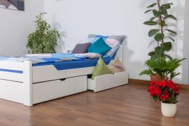 Einzelbett / Stauraumbett "Easy Premium Line" K4, inkl. 2 Schubladen und 1 Abdeckblende, 140 x 200 cm Buche Vollholz massiv weiß lackiert