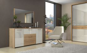 Schlafzimmer - Set D Gataivai, 4-teilig, Farbe: Beige Hochglanz / Walnuss