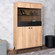 Vitrine Lincolnia 03, Farbe: Eiche / Schwarz - Abmessungen: 160 x 90 x 40 cm (H x B x T), mit 4 Türen und 4 Fächern