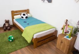 Kinderbett / Jugendbett Kiefer Vollholz massiv Eichefarben A24, inkl. Lattenrost - Abmessung 90 x 200 cm