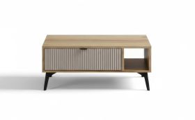 Couchtisch mit 1 Fach | 95 x 60 x 38,5 cm | Eiche Cremona / Beige | 1 Schublade | ABS-Kantenschutz | Beine aus Metall | für Wohnzimmer