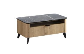 Couchtisch |  1 Schublade | 90 x 50 x 38 cm | Eiche Cremona / Schwarzer Marmor | ABS-Kantenschutzschutz | Griffe aus Metall | ABS-Kantenschutz | 1 Fach