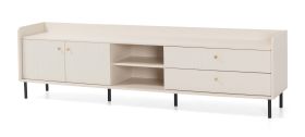 TV-Unterschrank | 2 Schubladen | langes Design | Farbe: Beige mit Holzstruktur | 4 Fächer | Maße: 210 x 42 x 59 cm | 2 Drehtüren | Beine & Griffe: Metall