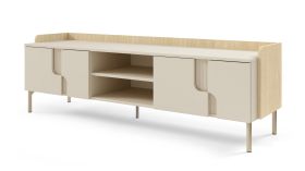 TV-Unterschrank | Farbe: Eiche Mavelie / Macadamia | 4 Drehtüren | 4 Fächer | 160 x 42 x 51 cm | Push-to-open Funktion | TV-Board | Beine: Metall