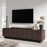 TV-Unterschrank | Farbe: Walnuss Lincoln | 3 Kipptüren | 3 Fächer | 220 x 40 x 54 cm | Push-to-open Funktion | TV-Möbel | Lamellen Design | auf Beinen oder hängend | für Wohnzimmer