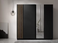 Schiebetürenschrank | Farbe: Schwarz | Eiche Artisan Deko-Lamellen | Maße: 200,5 x 62 x 198,5 cm | Spiegel | 1 Kleiderstange | innen Weiß | Kleiderschrank