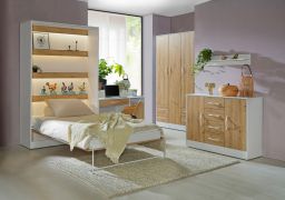 Schlafzimmer Komplett - Set A Nalut | 6-teilig | in Eiche / Weiß | Schrankbett 120 x 200 cm mit LED-Beleuchtung | Scheibtisch | Kleiderschrank | Kommode