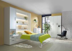 Schlafzimmer Komplett - Set E Nalut | 5-teilig | in Weiß | schwarze Metallgriffe | Schrankbett 160 x 200 cm mit LED-Beleuchtung | Kleiderschrank | Kommode