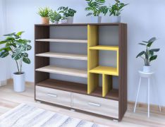 Regal Kerema 14, Farbe: Nuss / Ulme / Gelb - Abmessungen: 120 x 130 x 41 cm (H x B x T)