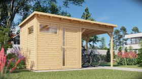 Gartenhaus Kiel 02 mit Anbaudach inkl. Fußboden, Naturbelassen - 19 mm Elementgartenhaus, Nutzfläche: 5,10 m², Flachdach