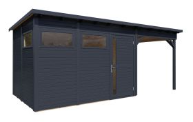 Gartenlaube mit Anbaudach, inkl. Fußboden, modernes Gartenhaus in Anthrazit, Elementgartenhaus, Grundfläche: 13,08 m², Flachdach