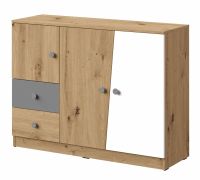 Kommode Sirte 07, Farbe: Eiche / Weiß / Grau matt - Abmessungen: 90 x 120 x 40 cm (H x B x T)