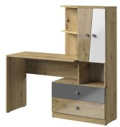 Schreibtisch mit Schrankanbau Sirte 11, Farbe: Eiche / Weiß / Grau Hochglanz - Abmessungen: 153 x 150 x 50 cm (H x B x T)