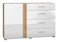 Kommode Tullahoma 04, Farbe: Eiche / Weiß Glanz - Abmessungen: 90 x 134 x 42 cm (H x B x T), mit 1 Tür, 4 Schubladen und 2 Fächern