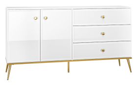 Kommode Roanoke 04, Farbe: Weiß / Weiß Glanz - Abmessungen: 85 x 160 x 40 cm (H x B x T), mit 2 Türen, 3 Schubladen und 2 Fächern