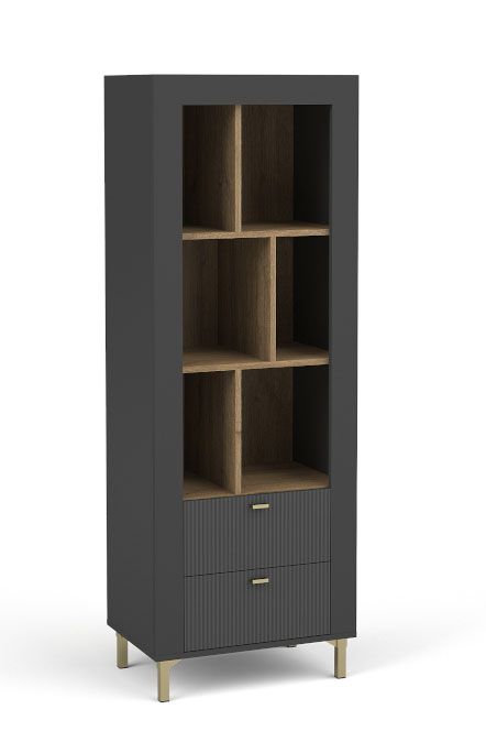 Schlichtes Bücherregal mit zwei Schubladen Barbe 11, ABS, Farbe: Schwarz matt, Maße: 168,5 x 60 x 40 cm, modernes und einfaches Design, für Wohnzimmer