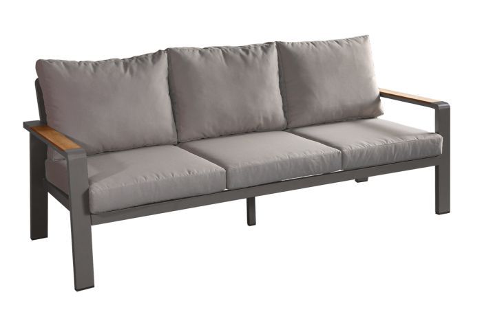 Outdoor Sofa 3-Sitzer Lissabon mit Armlehnen - Farbe: graualuminium, Stoff: dunkelgrau, wasserdichte Polsterung, Armlehnen veredelt mit Polywood