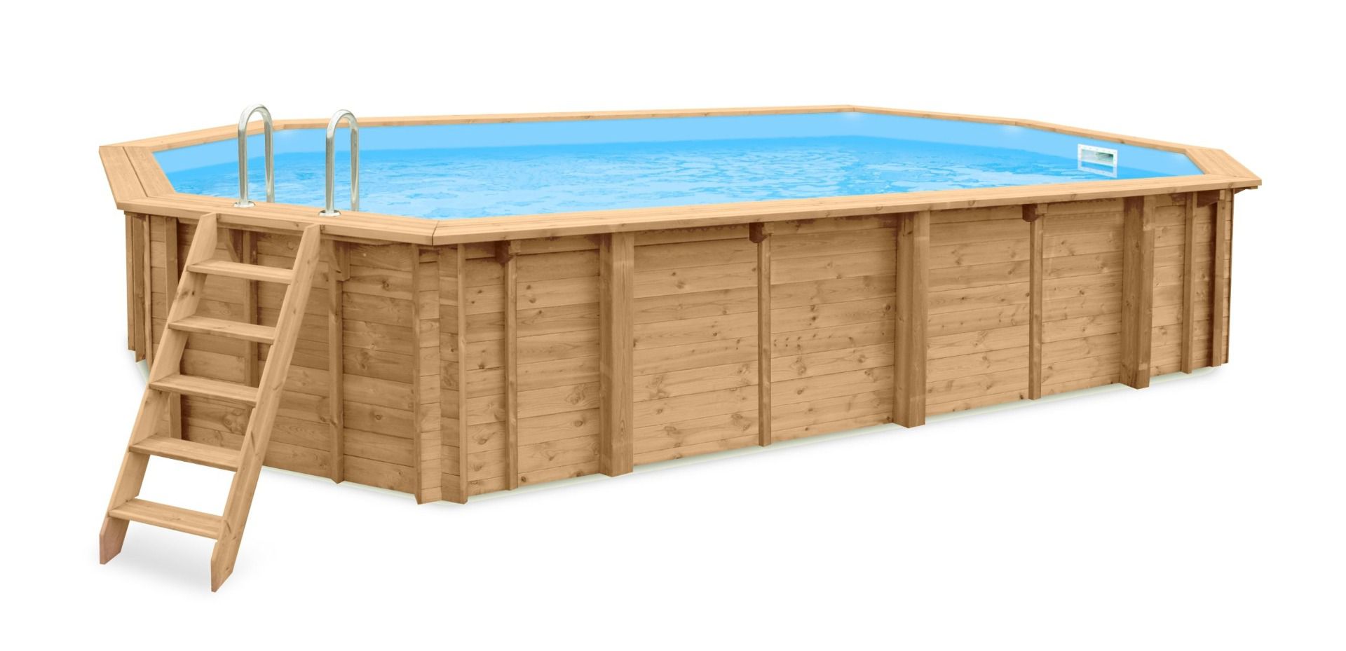 Holz-Pool Sunnydream 07, oval, 8,40 x 4,90 Meter, inklusive Poolleiter, Poolfolie, Boden- und Wandvlies, Edelstahl-Eckverbindungen, langlebig und robust