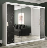 Großer Kleiderschrank mit Spiegel Ätna 95, Farbe: Weiß matt / Schwarzer Marmor - Abmessungen: 200 x 250 x 62 cm (H x B x T), mit 10 Fächern