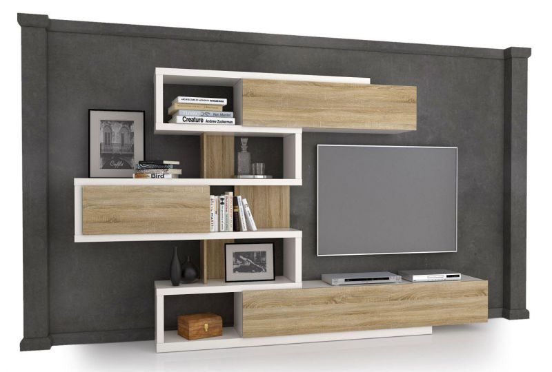 Wohnzimmer Möbel: Wohnwand Ruma 06, Farbe: Sonoma Eiche / Weiß - Abmessungen: 279 x 189 x 38 cm (B x H x T)