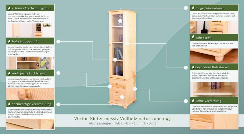 Vitrine, Kiefer Massivholz, Farbe: Natur, Breite: 45 cm