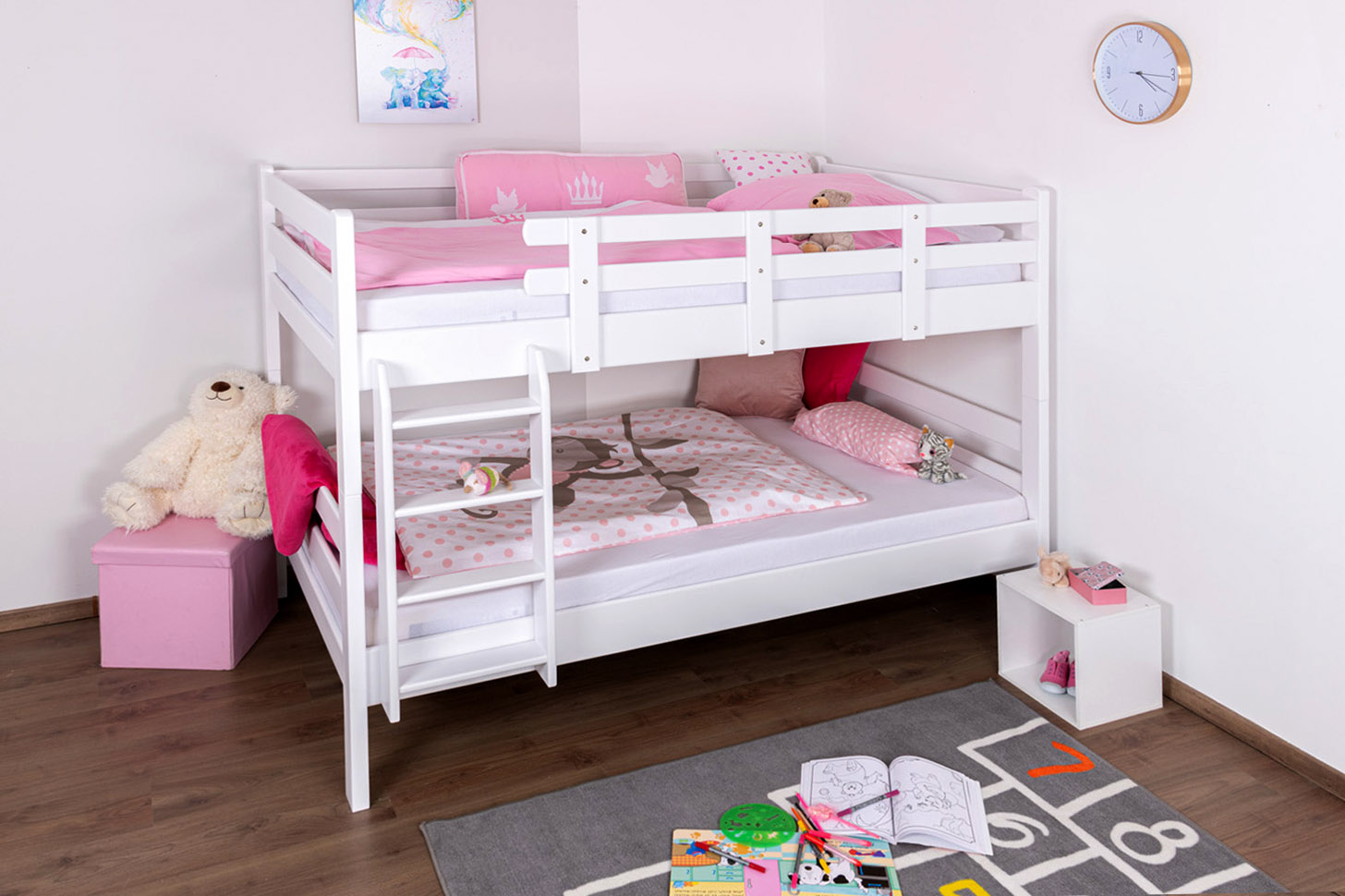 Etagenbett für Jugendliche 120 x 200 cm | Massivholz: Buche | Weiß Lackiert | umbaubar in 2 Einzelbetten | inkl. Rollroste