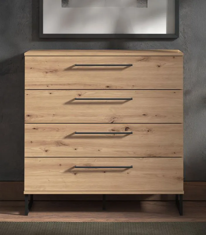 Kommode mit vier Schubladen Crina 06, Farbe: Eiche Artisan, ABS-Kantenschutz, Griffe & Beine: Schwarz, Maße: 95 x 91,5 x 42 cm, für Wohnzimmer