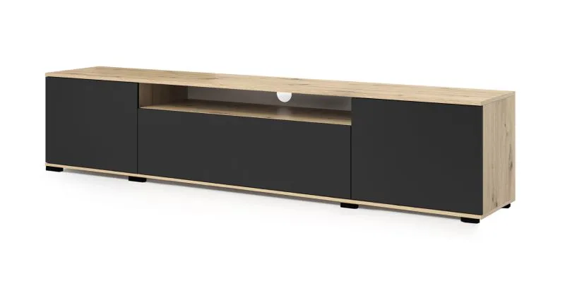 Moderner TV-Unterschrank mit drei Türen Zapopan 113, ein Kabelloch, gute Verarbeitung, sehr stabil und langlebig, Farbe: Eiche Artisan / Schwarz, Maße: 42 x 180 x 40 cm