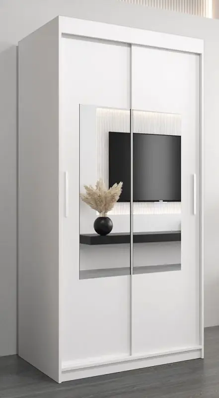 Schiebetürenschrank / Kleiderschrank Claveles 01 mit Spiegel, Farbe: Weiß matt - Abmessungen: 200 x 100 x 62 cm ( H x B x T)