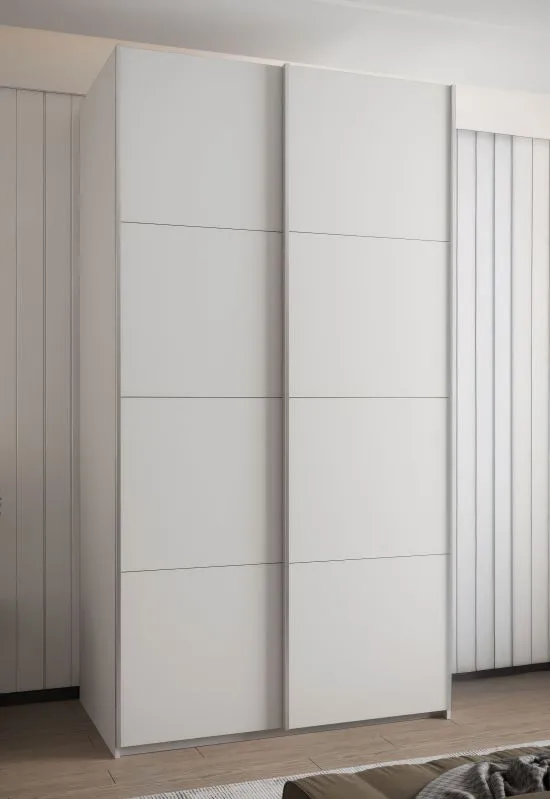 Kleiderschrank / Schiebetürenschrank | 245,5 x 130 x 64 cm | 6 Fächer | 6 Einlegeböden | 2 Schiebetüren | 2 Kleiderstangen | Farbe: Weiß | Soft-Close