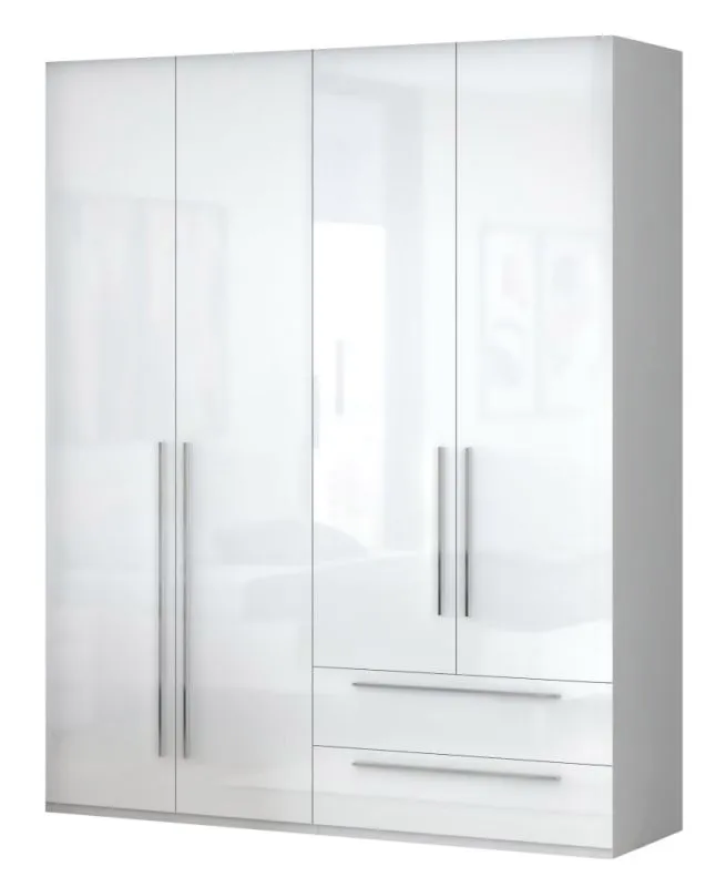 Kleiderschrank | 4 Drehtüren | 2 Schubladen | 4 Fächer | mit 2 Kleiderstangen | 182 cm breit | Farbe: Weiß Abbildung