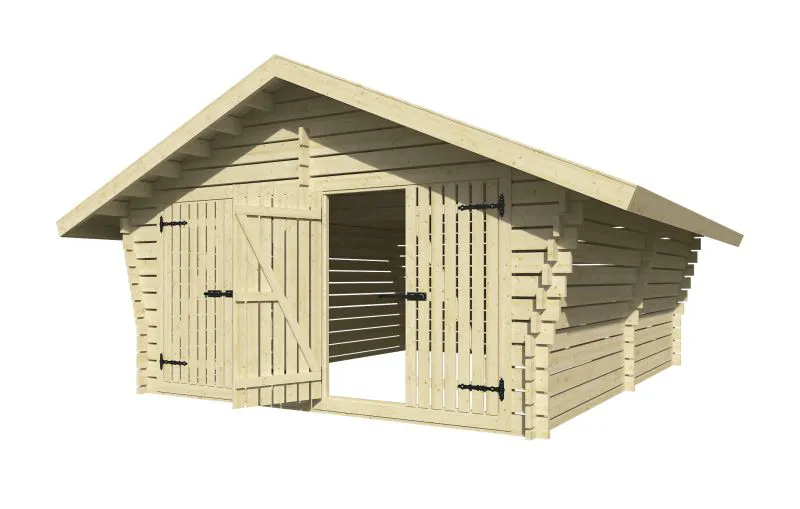 Holzschuppen / Gerätehaus mit zwei Doppeltüren, aus Kiefernholz gehobelt, Satteldach, 40 mm Blockbohlenhaus, , Lüftungslücken zwischen Wandbrettern, Grundfläche: 21,23 m², Außenmaße: 418 x 508 cm