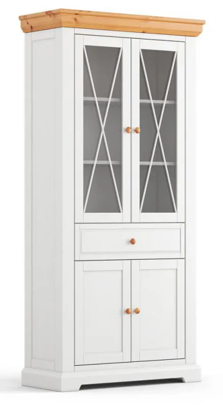 Vitrine Bresle 02, Kiefer massiv, Farbe: Weiß / Natur - Abmessungen: 200 x 95 x 41 cm (H x B x T)
