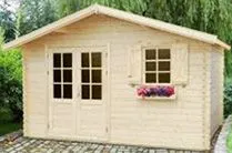 Holz-Gartenhaus 3,48 x 3,98 Meter (inkl. Dach) | Naturbelassen | Satteldach | 44 mm Blockbohlen-Haus Abbildung