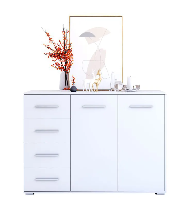 Anrichte mit viel Stauraum / Kommode | Weiß | Comarca 41 | 96 x 135 x 45 cm | 1 Türe | 4 Schubladen | 3 Fächer |  Einfarbig | schlichter Stil