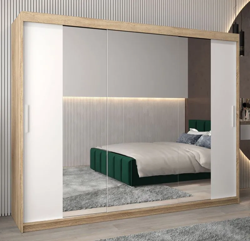 Großer 250 cm breiter Kleiderschrank mit 10 Fächern und 3 Türen | Farbe: Sonoma Eiche / Weiß Abbildung