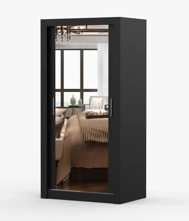 Schiebetürenschrank / Kleiderschrank mit Spiegel | Schwarz | Biokovo 04 | 200 x 100 x 64 cm | 2 Türen | 7 Fächer | viel Stauraum | Einfarbig