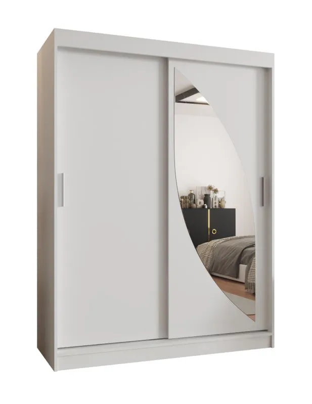 Kleiderschrank Jorasses 10, Farbe: Weiß, eine Spiegeltür, 1,5 Meter breit, Schiebetürenschrank, Aluminiumschienen, fünf Fächer, zwei Kleiderstangen