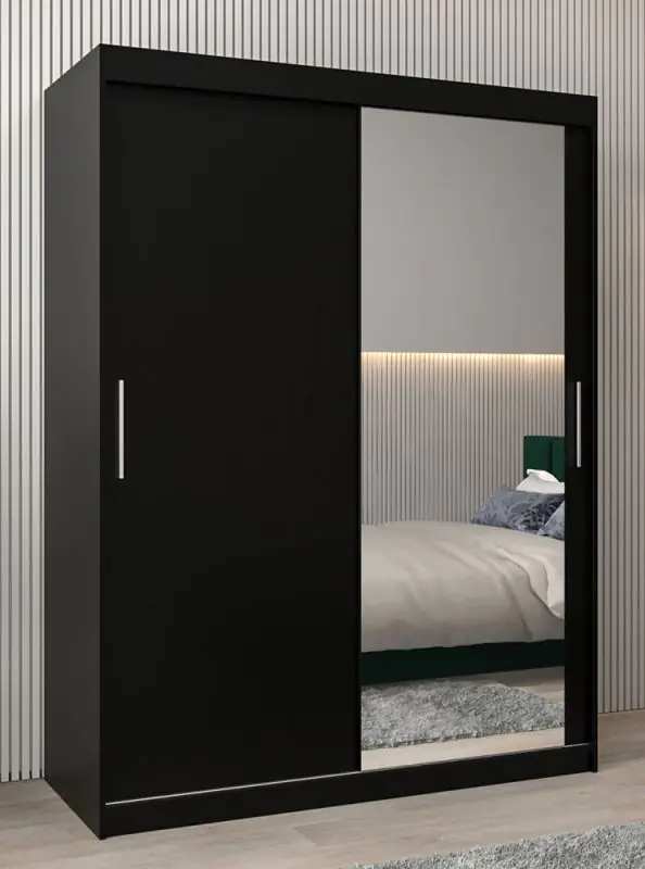 Schiebetürenschrank / Kleiderschrank Bisaurin 3C mit Spiegel, Farbe: Schwarz - Abmessungen: 200 x 150 x 62 cm ( H x B x T)