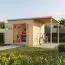 Gartenhaus inkl. Anbaudach | Elementgartenhaus | Gerätehaus | Naturbelassen | inkl. Fußboden | 3,83 x 2,38 Meter | Flachdach | Dresden 04 | Gerahmte Massivholztür mit Fenstern